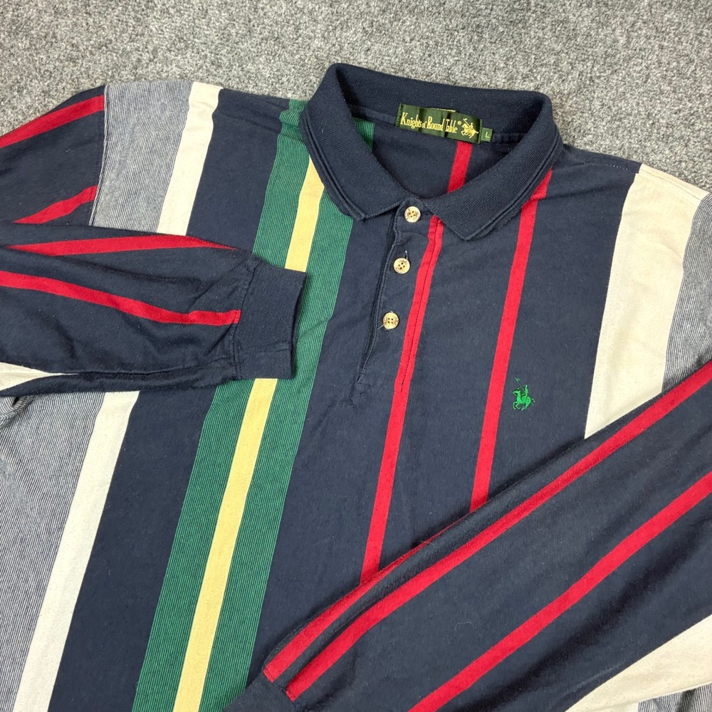 Knights of Round Table Mens Large Long Sleeve Polo Shirt Multicolor Stripe Navy